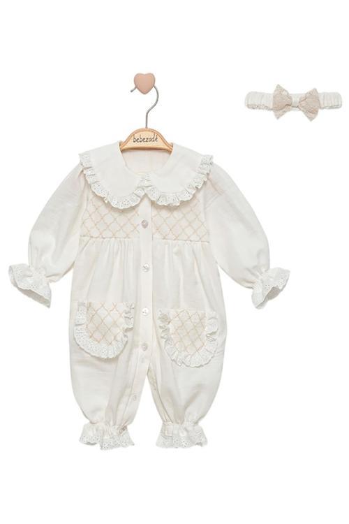 Krem Tül Detaylı Tulum 3 Ay,6 Ay,9 Ay,12 Ay Kız Bebe