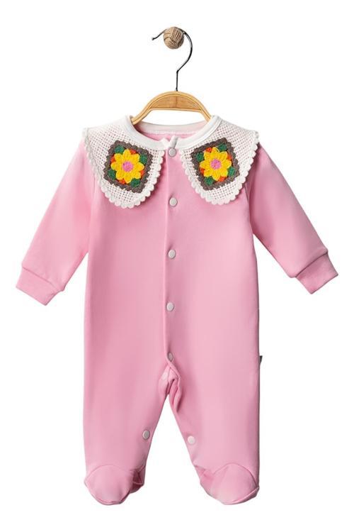 Pembe Çiçek Örgü Yakalı Tulum 3 Ay,6 Ay Kız Bebek