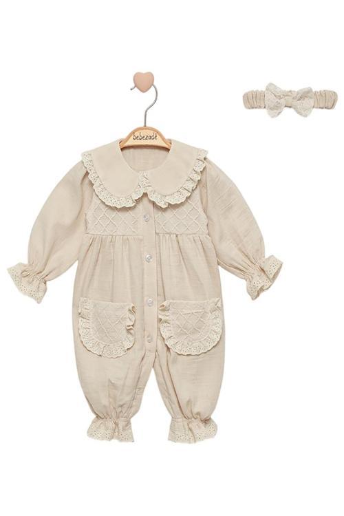 Bej Tül Detaylı Tulum 3 Ay,6 Ay,9 Ay,12 Ay Kız Bebe