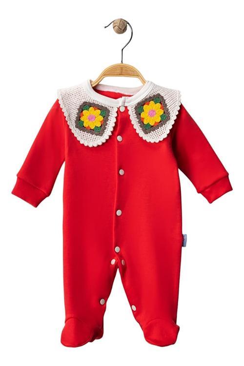 Kırmızı Çiçek Örgü Yakalı Tulum 3 Ay,6 Ay Kız Bebek