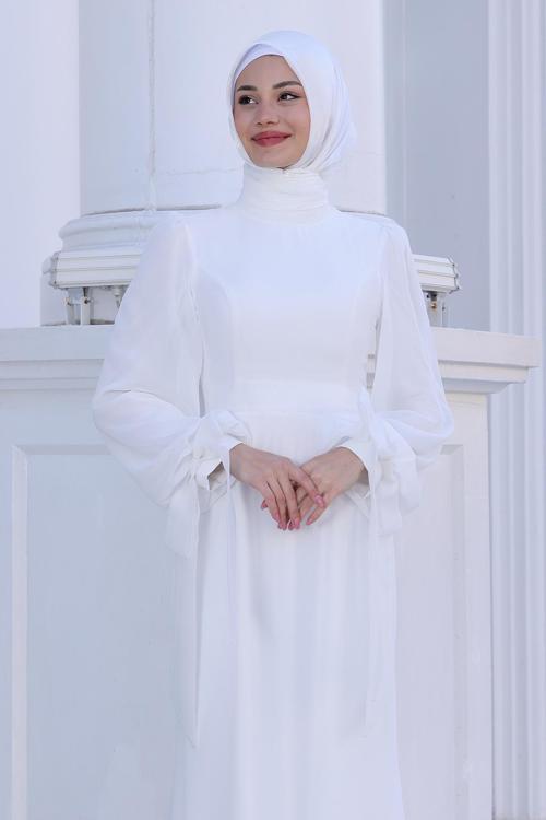 Kol Detaylı Firuze Şifon Tesettür Abiye