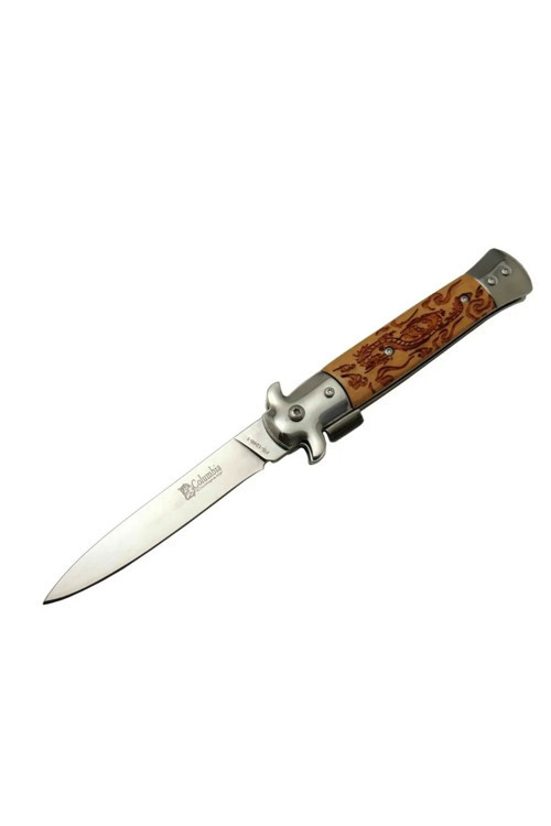 Fs 12461 Kahverengi Çakı 23Cm - Ejder İşlemeli Sap, Kemerlikli, Arkadan Tetikli - Lisinya