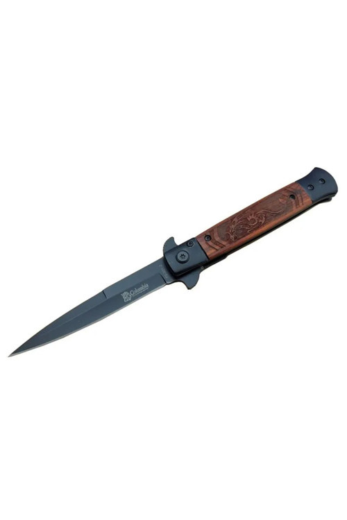 Fs 902 Siyah Kamp Çakı 23Cm- Yarı Otomatik, Ejderha Motifli Ahşap Sap, Kemerlikli - Lisinya
