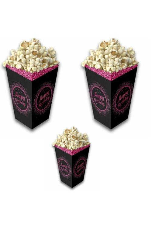 Pembe Siyah Happy Birthday  Mısır Kutusu 8 Adet