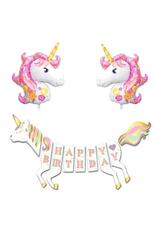 Unicorn Şekilli Happy Birthday Folyo Balon Set
