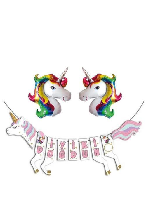 Unicorn Şekilli Iyi Ki Doğdun Gökkuşağı Folyo Balon Set