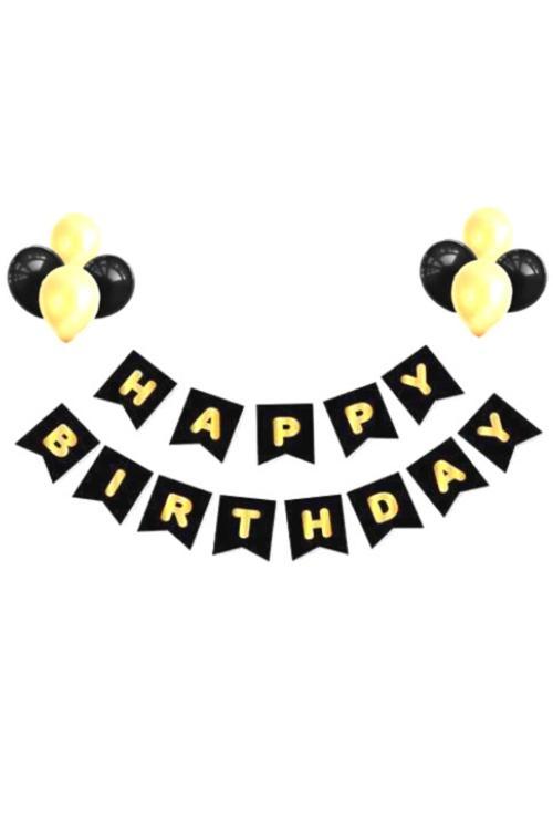 Siyah Üzeri Gold Baskılı Happy Birthday Balonlu Set