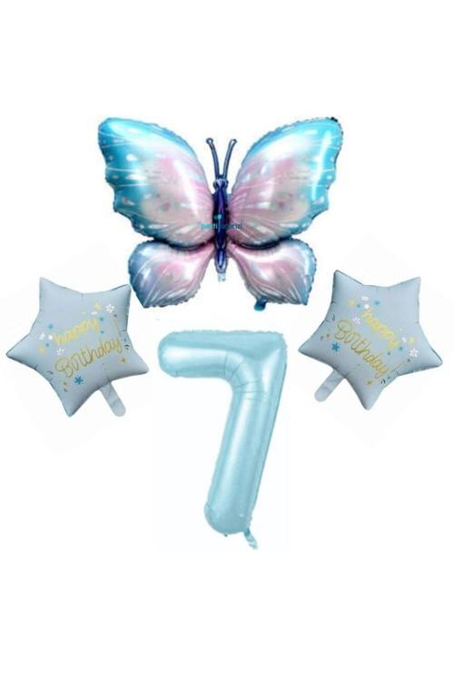 Mavi Kelebekli Happy Birthday 7 Yaş Folyo Balon Set