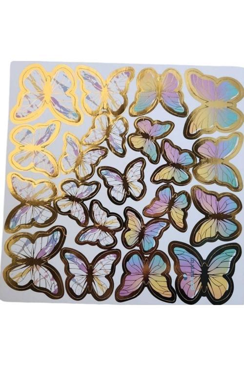 Macaron Renkli Gold Varaklı Kelebek Pasta Dekor Süs 42 Adet