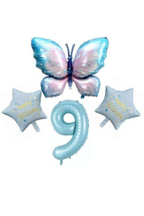 Mavi Kelebekli Happy Birthday 9 Yaş Folyo Balon Set