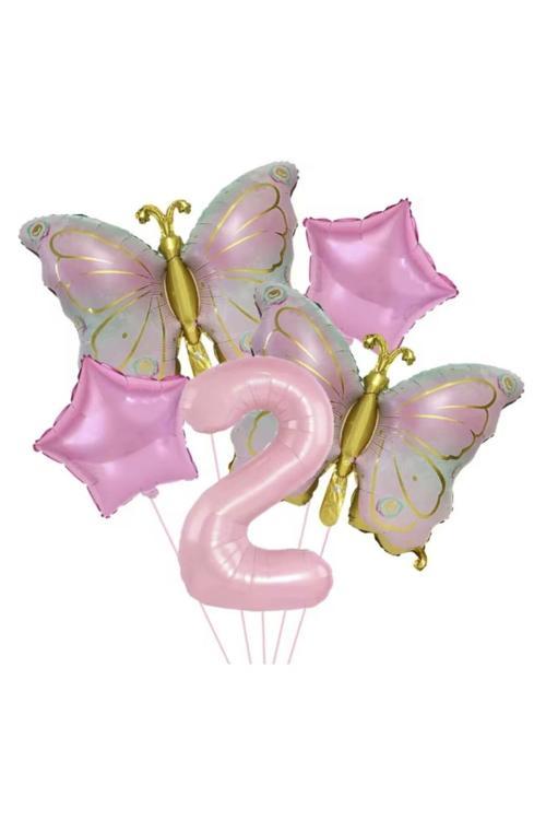Gold Kelebekli Pembe 2 Yaş Rakam Balon Set