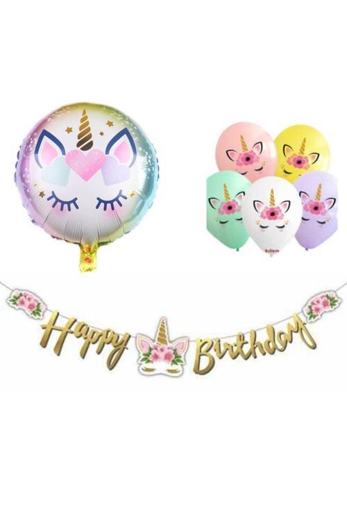 Çiçekli Unicorn Happy Birthday Balonlu Set