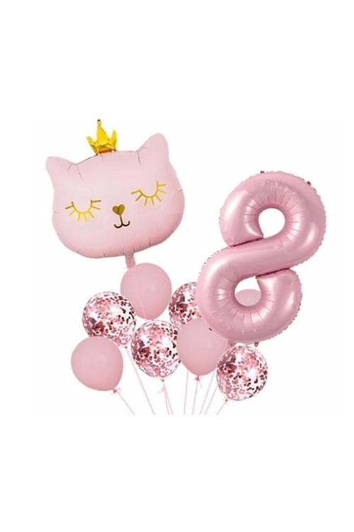 Taçlı Pembe Kedi 8 Yaş Folyo Balon Set