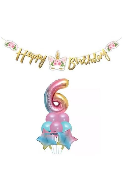 Çiçekli Unicorn 6 Yaş Gökkuşağı  Balon Set