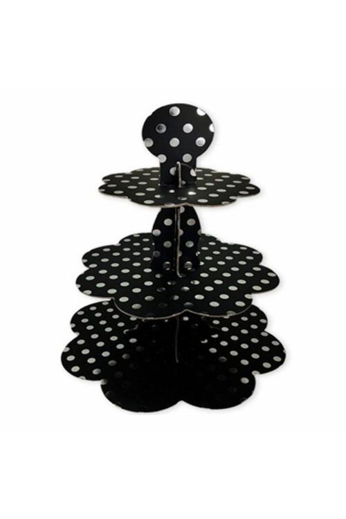 Parti Dolabı Puantiyeli Siyah Gümüş Cupcake Standı Kek Standı 3 Katlı