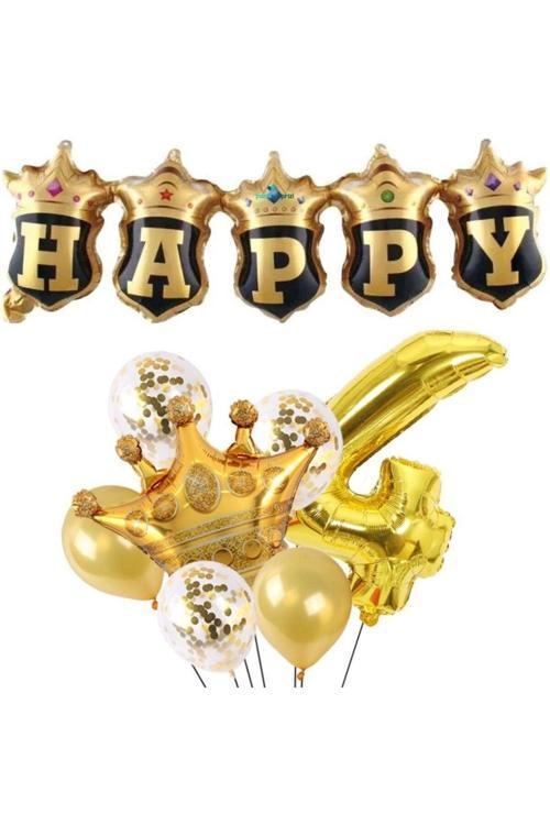 Happy Yazılı Gold Konfetili 4 Yaş Rakam Balon Set
