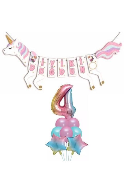 Şekilli Unicorn 4 Yaş İyi Ki Doğdun Gökkuşağı Balonlu Set