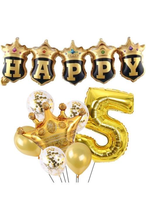 Happy Yazılı Gold Konfetili 5 Yaş Rakam Balon Set