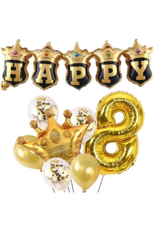 Happy Yazılı Gold Konfetili 8 Yaş Rakam Balon Set