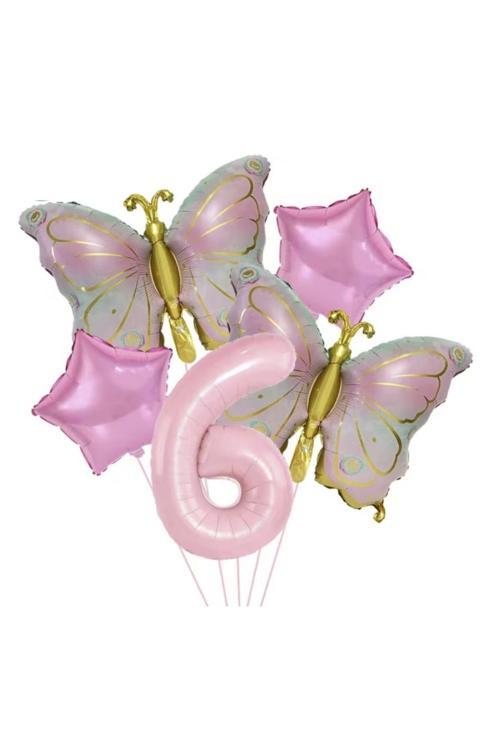 Gold Kelebekli Pembe 6 yaş Rakam Balon Set