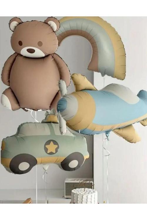 Retro Sevimli  Ayıcık Teddy Bear Gökkuşağı Uçak ve Polis Arabası Folyo Balon Seti