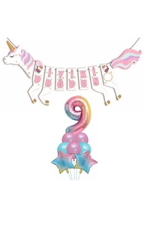 Şekilli Unicorn 9 Yaş İyi Ki Doğdun Gökkuşağı Balonlu Set