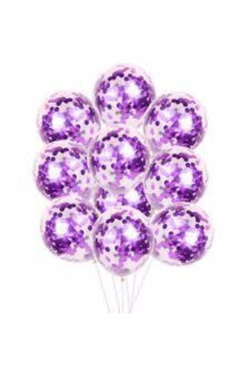Içi Mor Renk Konfetili Şeffaf Süper Lüks Balon 10 Adet 30 Cm