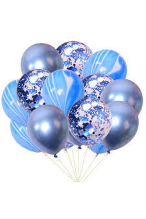 Mavi Renk Konfetili Mermer Desenli Balon Set