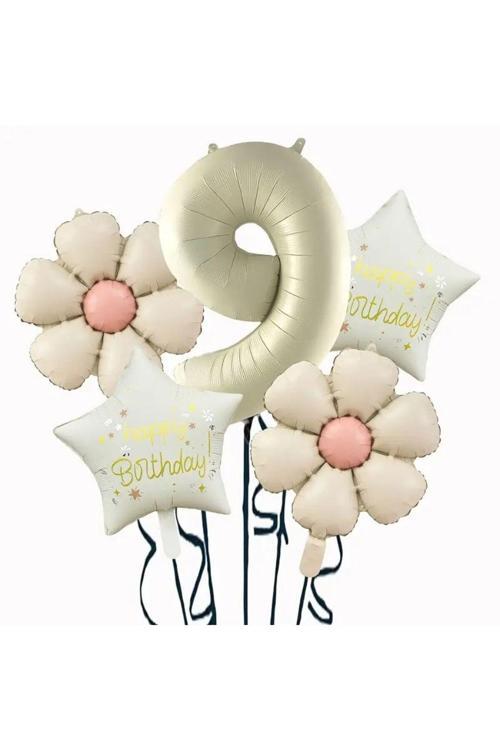 Krem Papatya 9 Yaş Happy Birthday Yıldız Rakam Folyo Balon Set