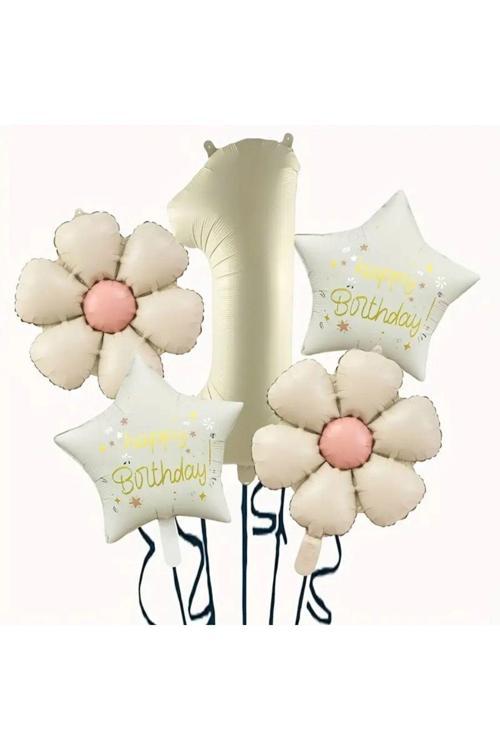 Krem Papatya 1 Yaş Happy Birthday Yıldız Rakam Folyo Balon Set