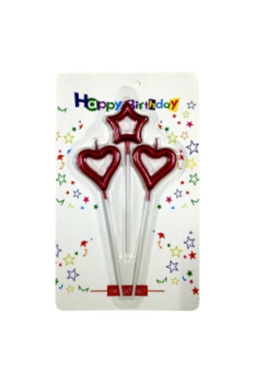 Kırmızı Kalp Metalik Mum 3 Lü Set