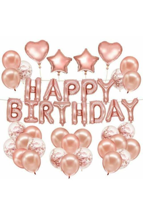 Rose Gold Happy Birthday Konfetili Balon Set