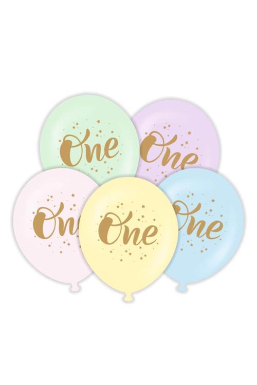 One 1 Yaş Altın Renk Baskılı Latex Balon 10 Adet