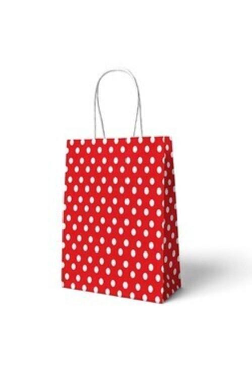 Kırmızı Puanlı Büküm Saplı 6 Adet Hediye Çantası 22 x 24 cm