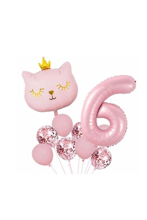 Taçlı Pembe Kedi 6 Yaş Folyo Balon Set