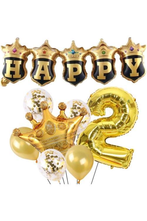 Happy Yazılı Gold Konfetili 2 Yaş Rakam Balon Set