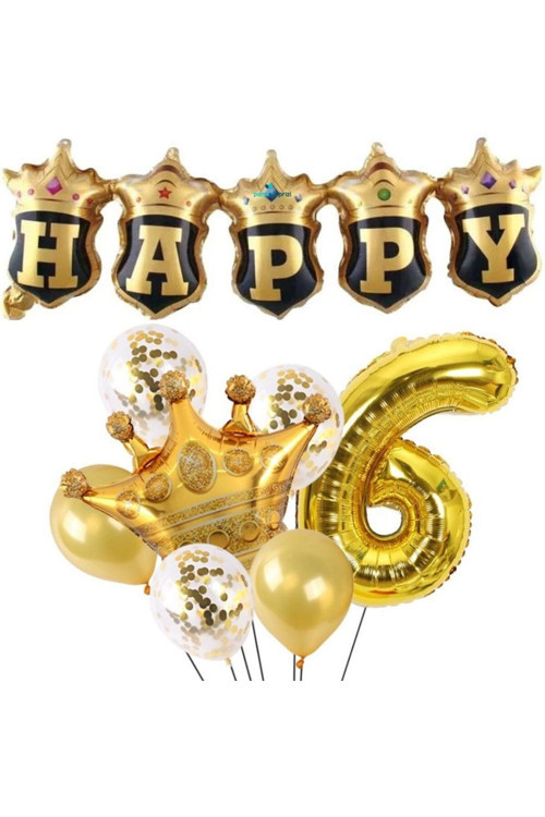 Happy Yazılı Gold Konfetili 6 Yaş Rakam Balon Set