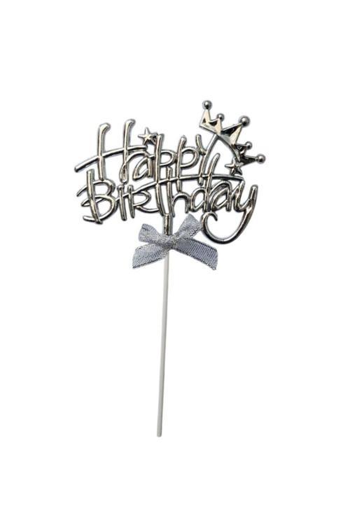 Yıldızlı Gümüş Happy Birthday Fiyonklu Pasta Süsü