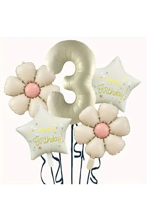 Krem Papatya 3 Yaş Happy Birthday Yıldız Rakam Folyo Balon Set