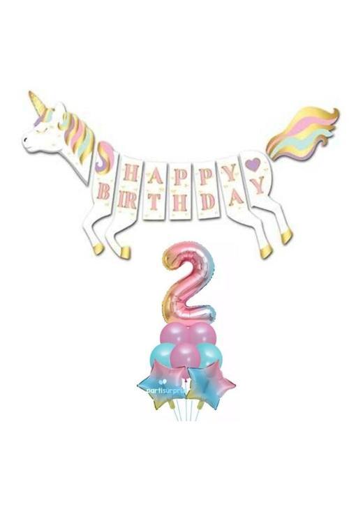 Unicorn 2 Yaş Happy Birthday Gökkuşağı Balonlu Set