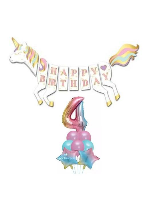 Unicorn 4 Yaş Happy Birthday Gökkuşağı Balonlu Set