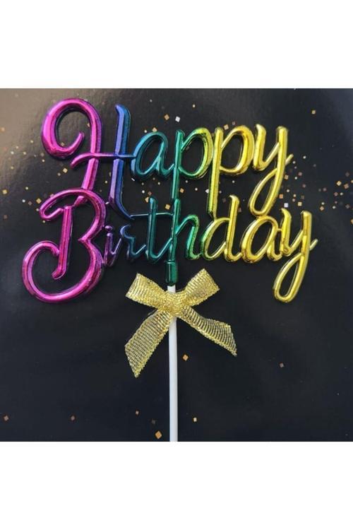 Gökkuşağı Happy Birthday Fiyonklu  Pasta Süsü