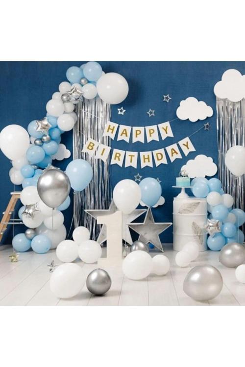 Mavi-Gri- Beyaz Doğum Günü Balon Seti
