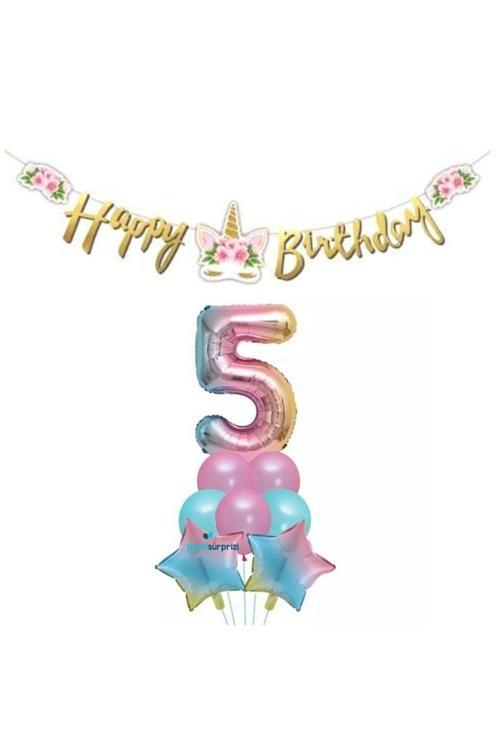 Çiçekli Unicorn 5 Yaş Gökkuşağı  Balon Set
