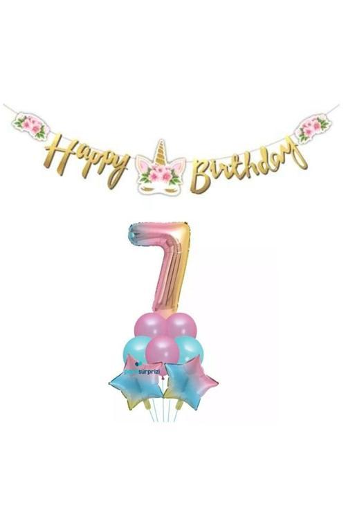 Çiçekli Unicorn 7 Yaş Gökkuşağı  Balon Set