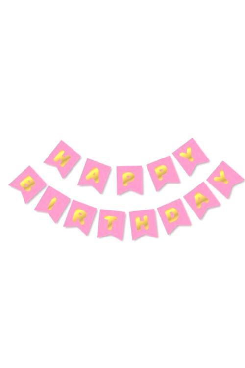 Pembe Üzeri Gold Happy Bırthday Yaldızlı Harf Banner