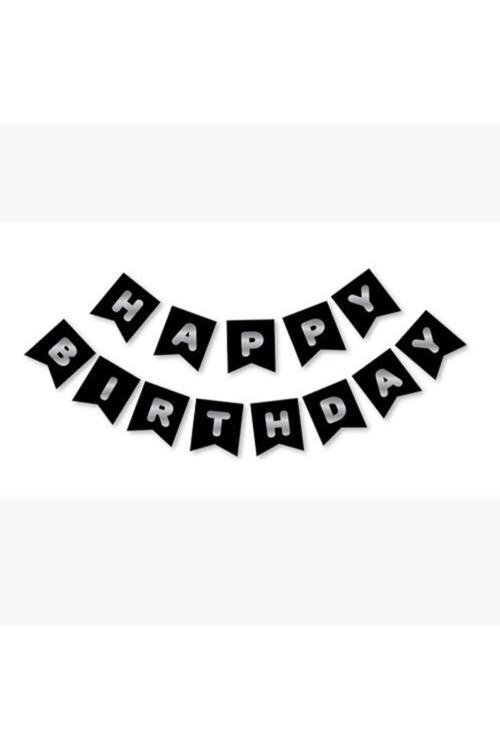 Siyah Gümüş Yaldızlı Happy Birthday Yazısı