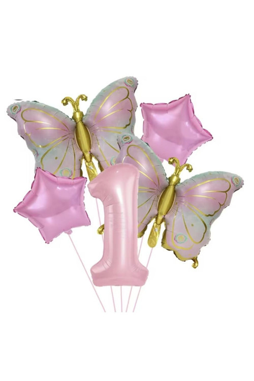 Gold Kelebekli Pembe 1 Yaş Rakam Balon Set