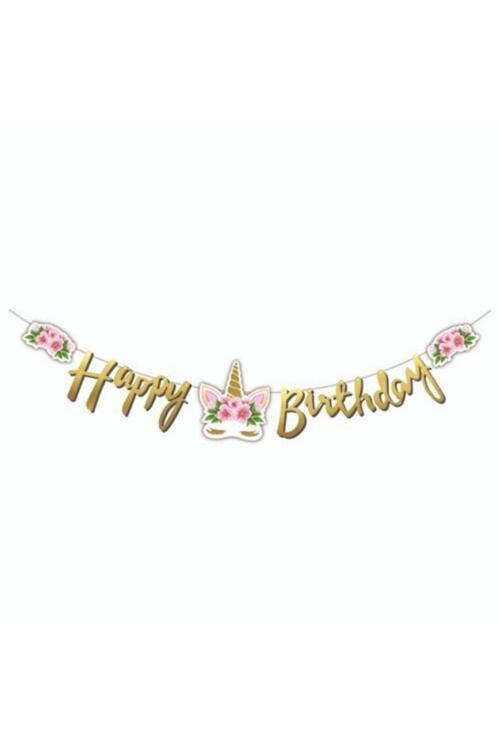 Çiçekli Unicorn Happy Birthday Harf Afiş