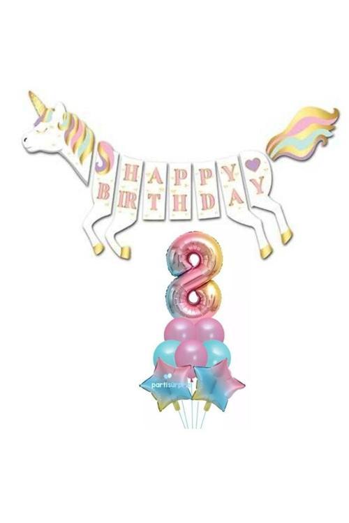Unicorn 8 Yaş Happy Birthday Gökkuşağı Balonlu Set